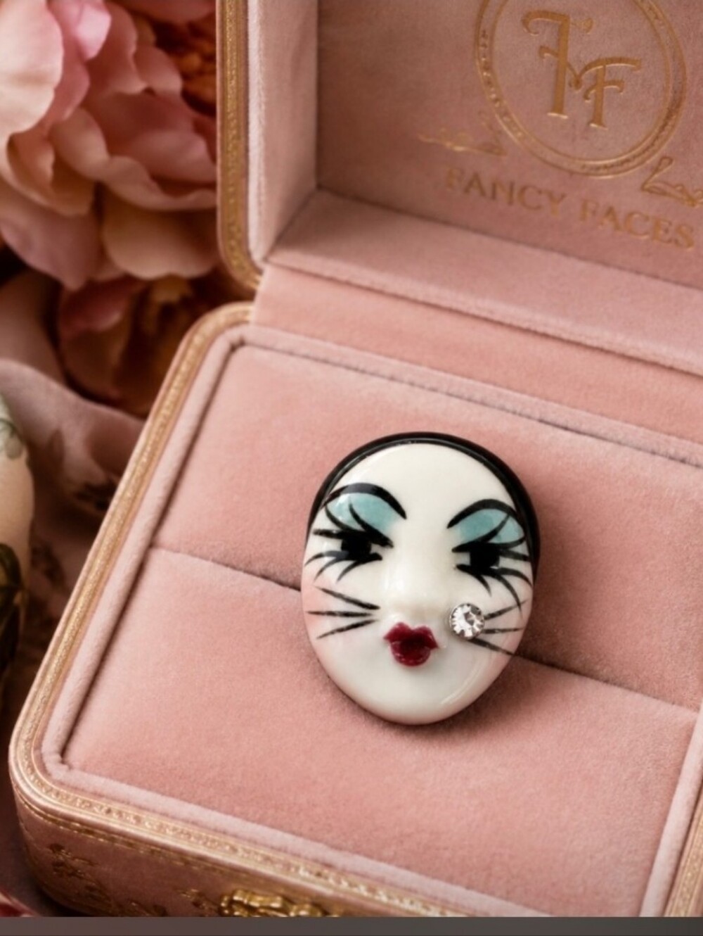 Fancy Faces White Porcelain Mask Brooch – Hand-Painted Women’s Jewelry